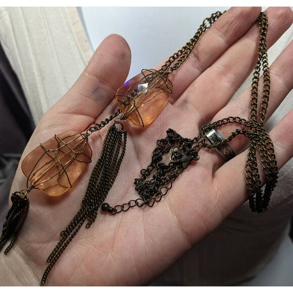 Funky Gemmed Chain Tassel Gold Tone Necklace - Picture 4 of 6